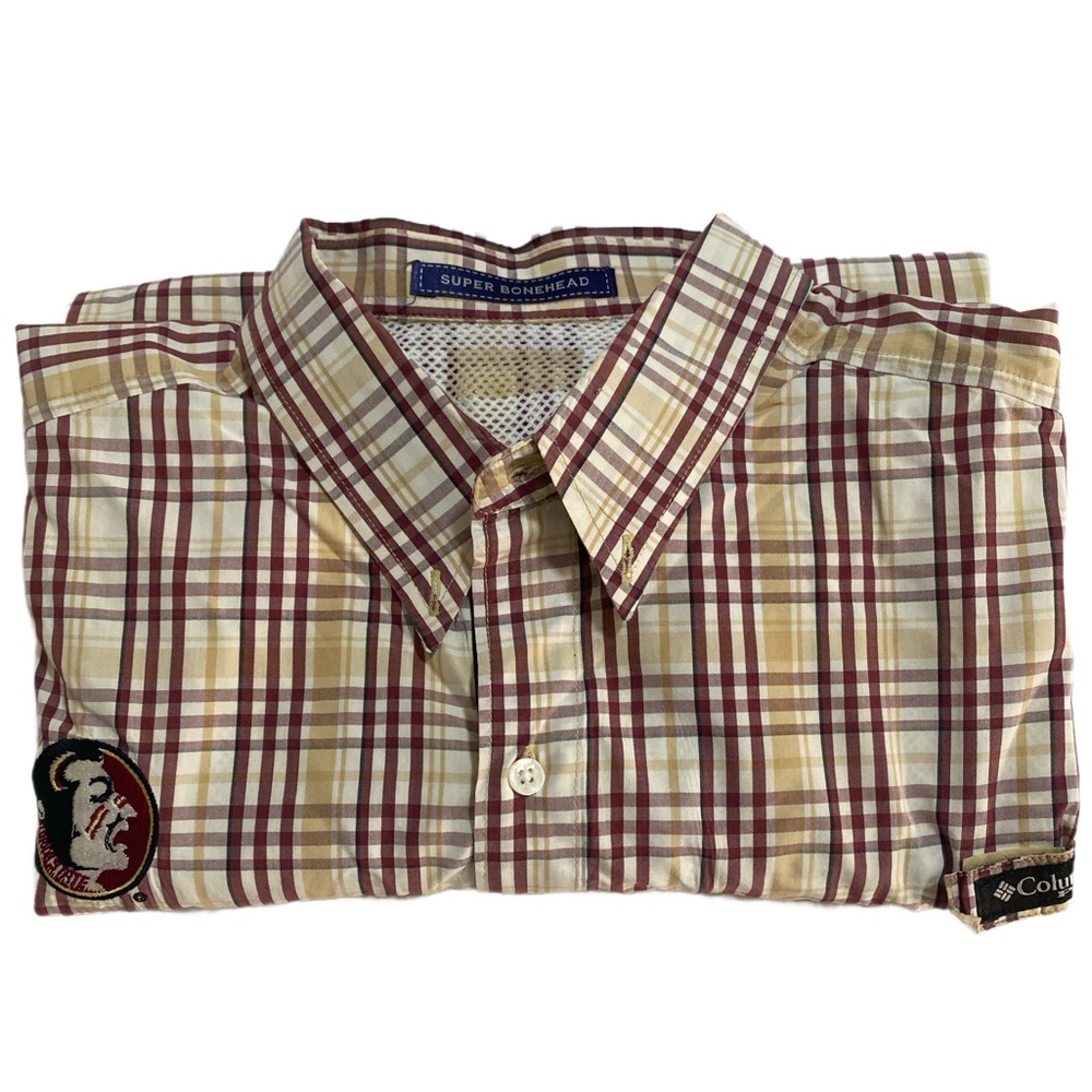 Columbia PFG Super Bonehead Florida‎ State FSU Mens XL Red Plaid Short Sleeve